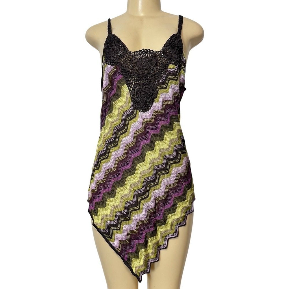 ADRIENNE VITTADINI Chevron Knit Brown Crochet Halterl Asymmetrical Tank Top XL
